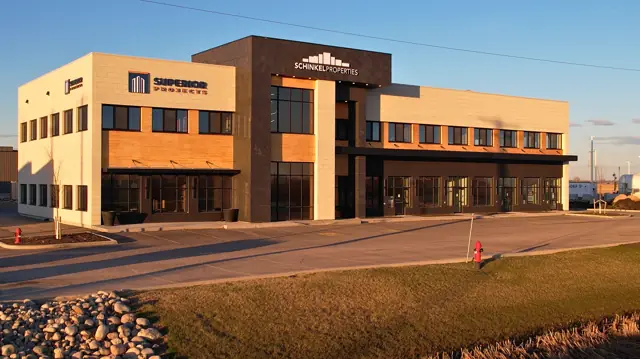 Office building exterior at golden hour