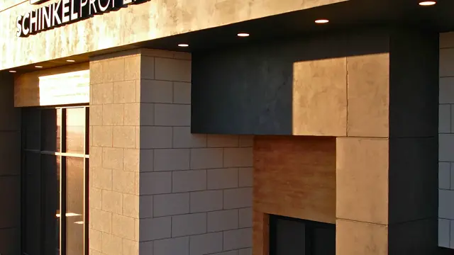 Close-up of mixed-material exterior detailing